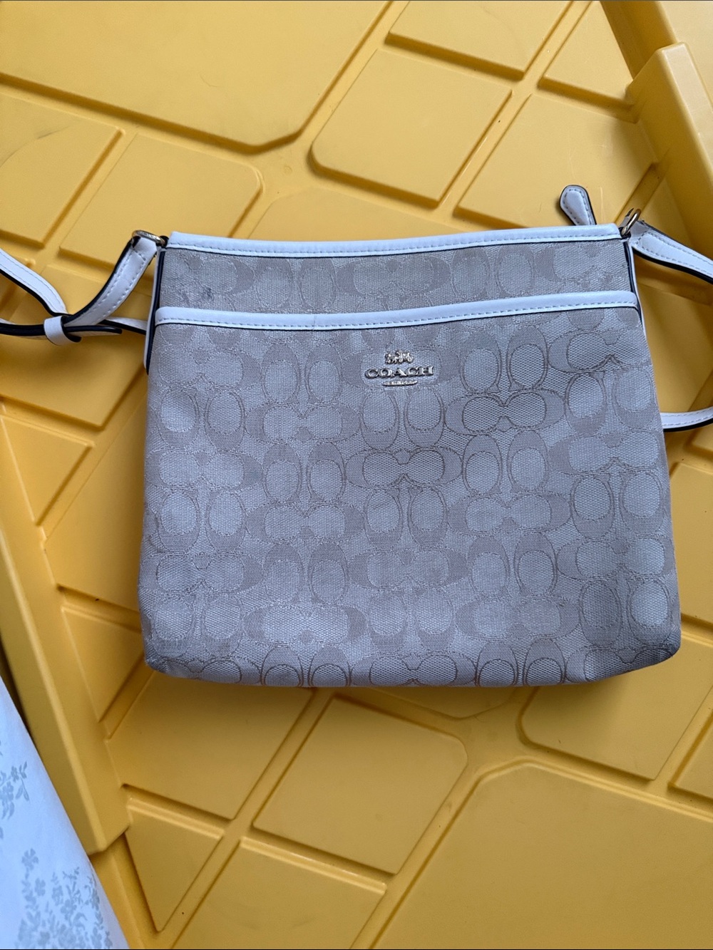 Coach Beige Signature Crossbody with White Trim
